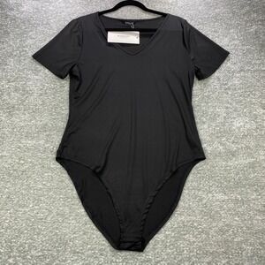 BLOOMCHIC Womens Black‎ Bodysuit US 14-16 V-Neck Short Sleeve Snaps New